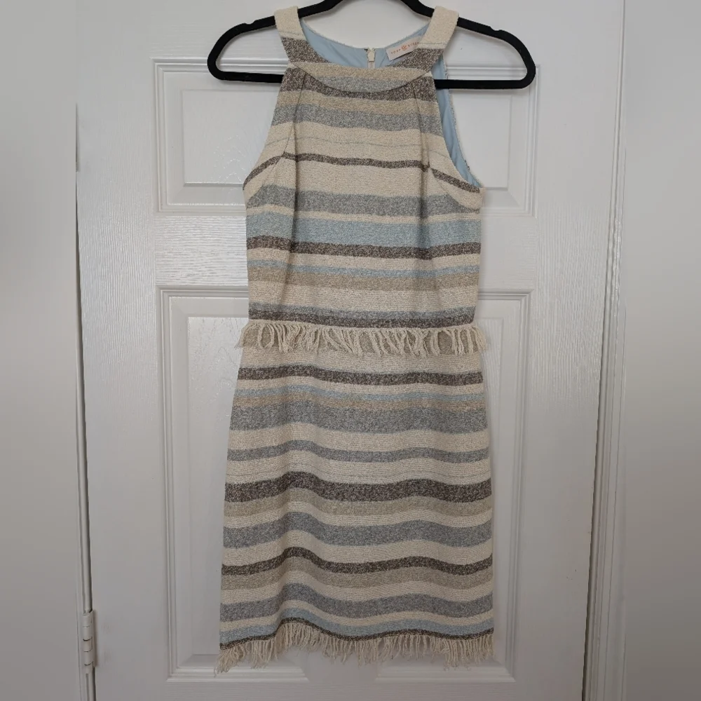 TORY BURCH Sleeveless Striped Fringe Halter Dress